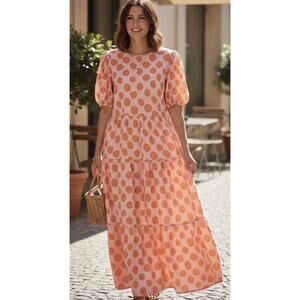 Who What Wear Linen Blend Orange Polka Dot Puff Sleeves Maxi Dress Womens Small